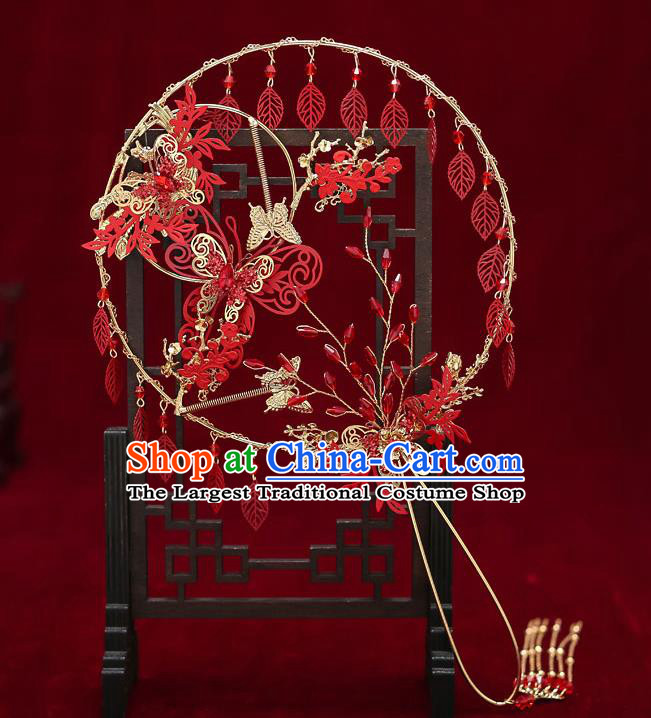 Chinese Handmade Wedding Red Leaf Palace Fans Classical Fans Ancient Bride Butterfly Round Fans