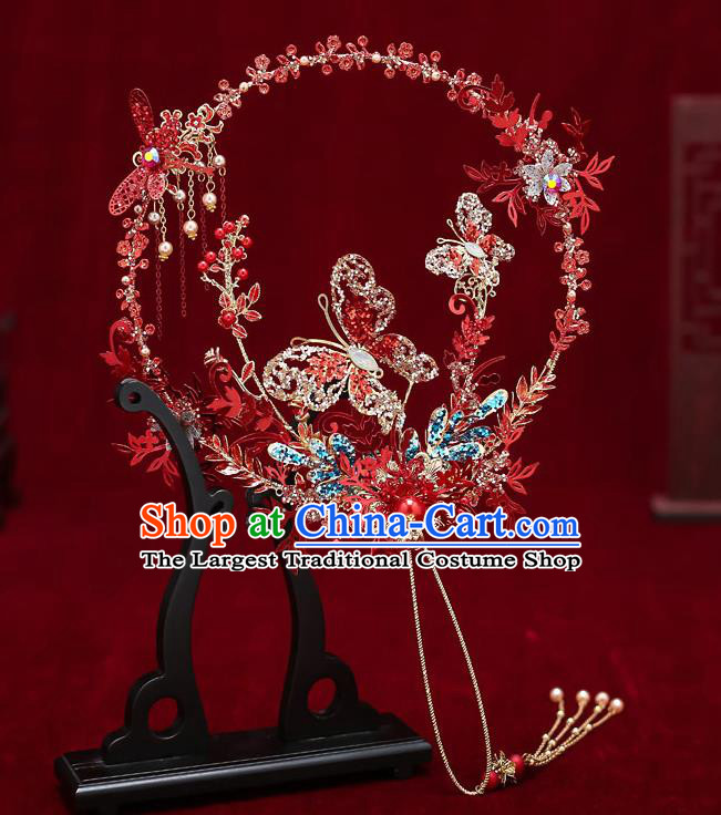 Chinese Handmade Wedding Red Dragonfly Butterfly Palace Fans Classical Fans Ancient Bride Round Fansa