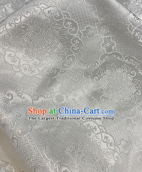 Chinese Traditional Peony Pattern White Silk Fabric Brocade Drapery Hanfu Dress Damask Material