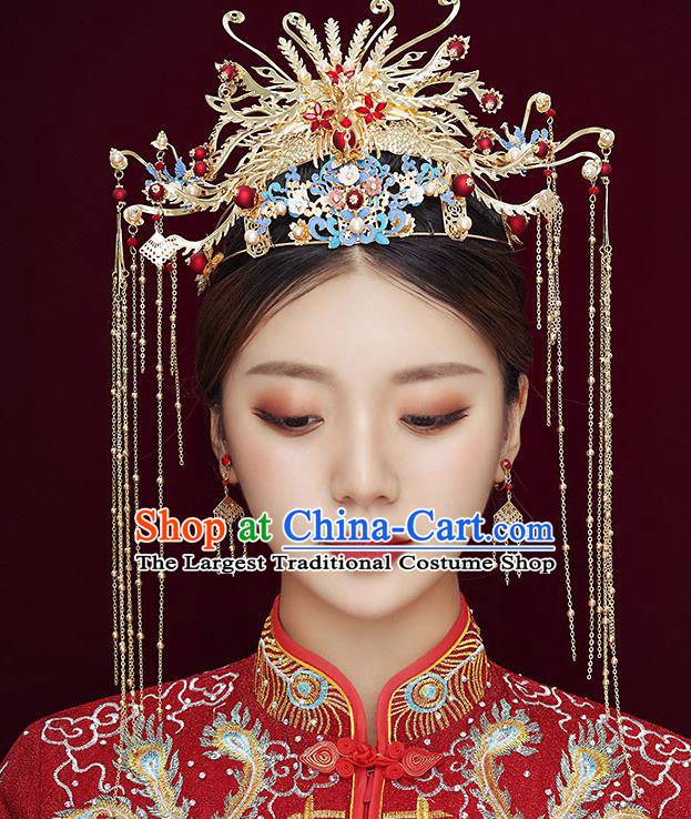 Chinese Classical Wedding Hair Crown Handmade Hair Accessories Ancient Bride Hairpins Golden Phoenix Coronet Complete Set