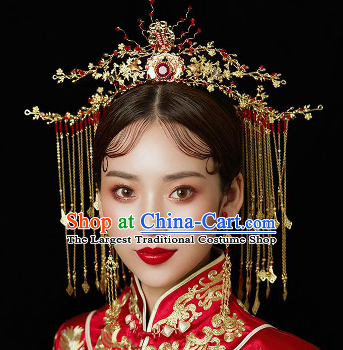 Chinese Handmade Hair Crown Classical Wedding Hair Accessories Ancient Bride Hairpins Red Crystal Phoenix Coronet Complete Set