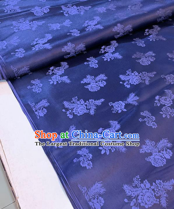 Chinese Traditional Peony Pattern Silk Fabric Tang Suit Damask Material Navy Blue Brocade Drapery