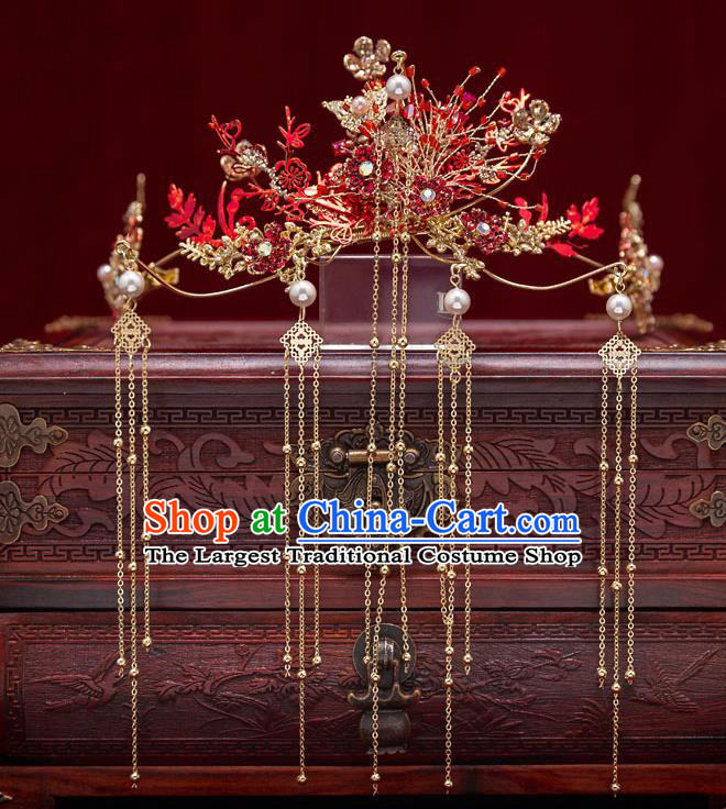 Chinese Handmade Classical Wedding Hair Accessories Ancient Bride Hairpins Golden Tassel Hair Crown Complete Set