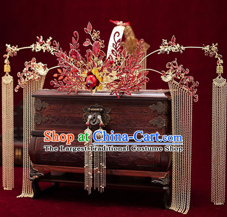 Chinese Handmade Phoenix Coronet Classical Wedding Hair Accessories Ancient Bride Hairpins Red Crystal Hair Crown Complete Set