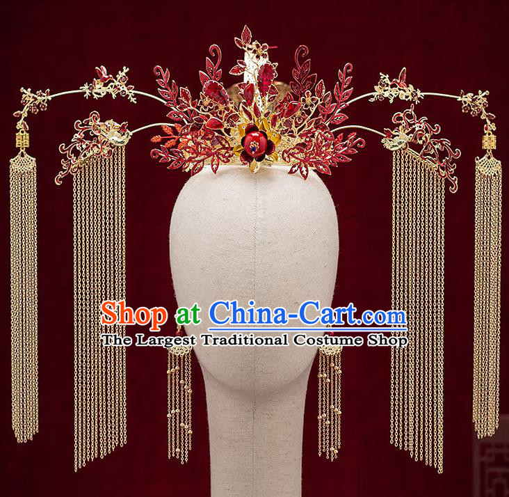 Chinese Handmade Phoenix Coronet Classical Wedding Hair Accessories Ancient Bride Hairpins Red Crystal Hair Crown Complete Set