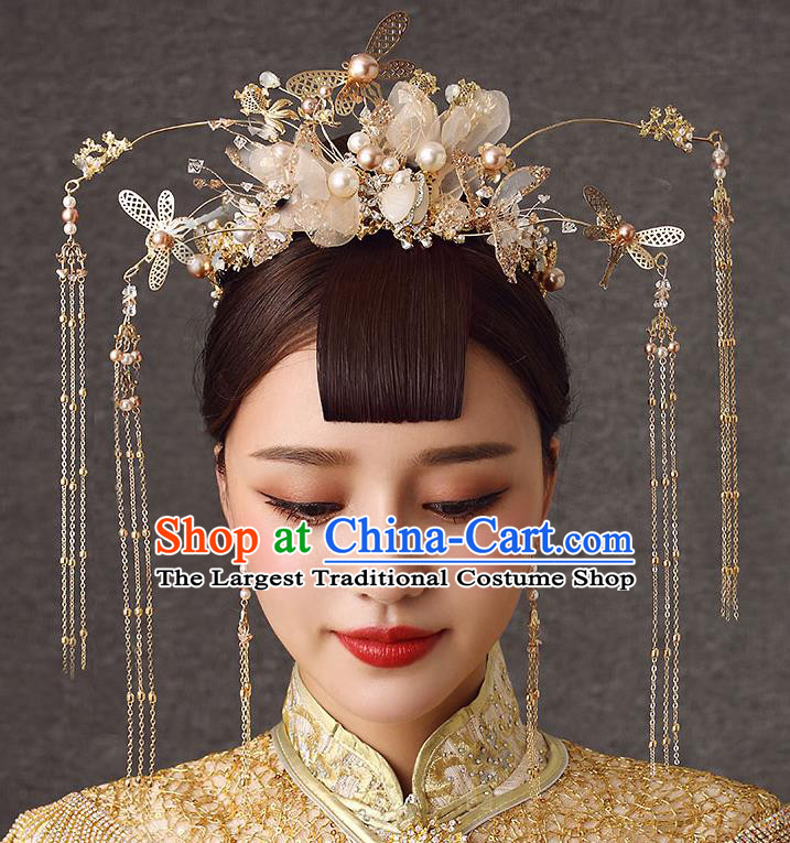 Chinese Handmade Golden Hair Crown Classical Wedding Hair Accessories Ancient Bride Hairpins Silk Flowers Phoenix Coronet Complete Set