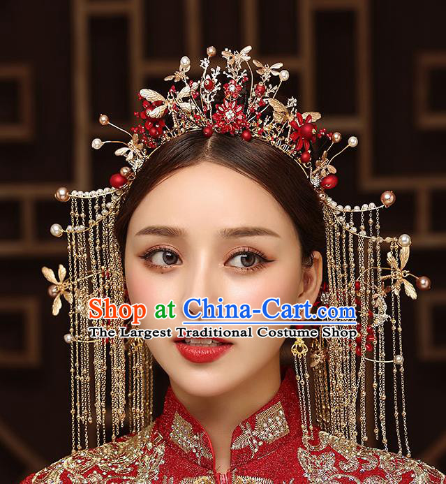 Chinese Handmade Golden Tassel Hair Crown Classical Wedding Hair Accessories Ancient Bride Hairpins Dragonfly Phoenix Coronet Complete Set
