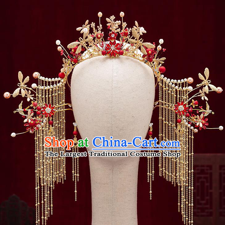 Chinese Handmade Golden Tassel Hair Crown Classical Wedding Hair Accessories Ancient Bride Hairpins Dragonfly Phoenix Coronet Complete Set