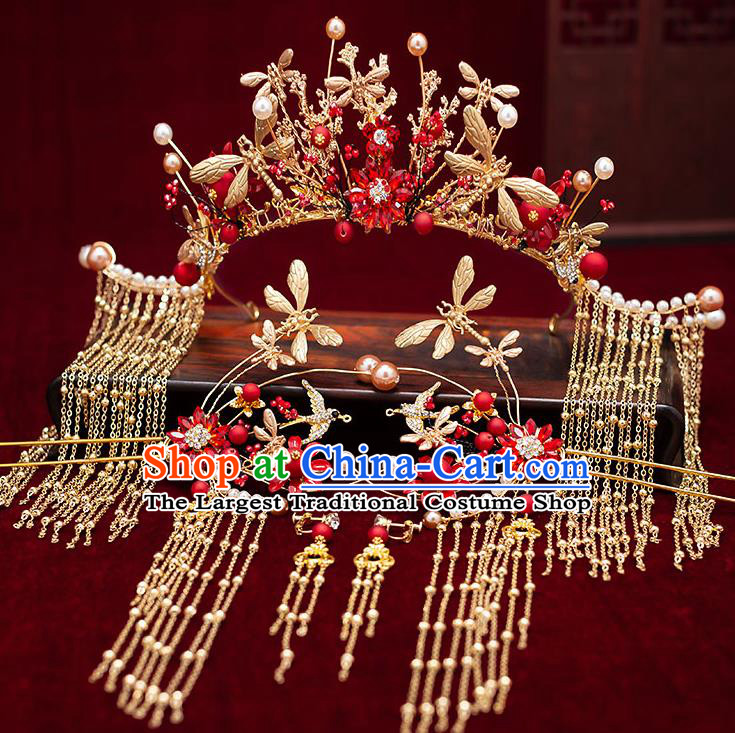 Chinese Handmade Golden Tassel Hair Crown Classical Wedding Hair Accessories Ancient Bride Hairpins Dragonfly Phoenix Coronet Complete Set