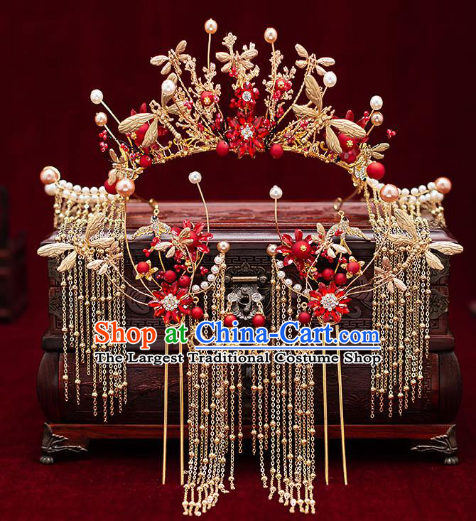 Chinese Handmade Golden Tassel Hair Crown Classical Wedding Hair Accessories Ancient Bride Hairpins Dragonfly Phoenix Coronet Complete Set