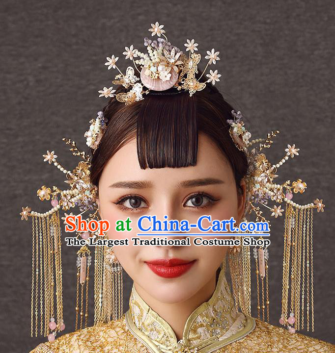 Chinese Handmade Hair Comb Classical Wedding Hair Accessories Ancient Bride Pearls Tassel Hairpins Complete Set