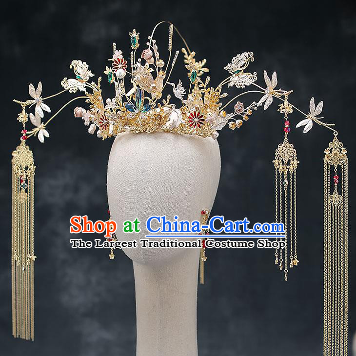 Chinese Handmade Golden Phoenix Coronet Classical Wedding Hair Accessories Ancient Bride Hairpins Tassel Hair Crown Complete Set