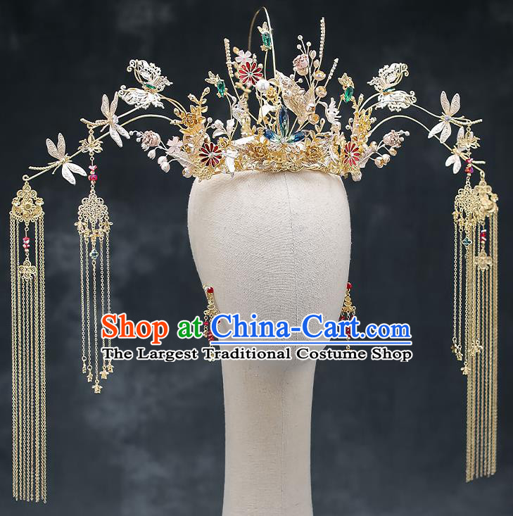 Chinese Handmade Golden Phoenix Coronet Classical Wedding Hair Accessories Ancient Bride Hairpins Tassel Hair Crown Complete Set