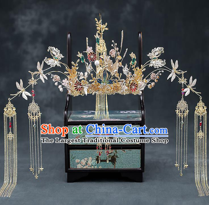 Chinese Handmade Golden Phoenix Coronet Classical Wedding Hair Accessories Ancient Bride Hairpins Tassel Hair Crown Complete Set
