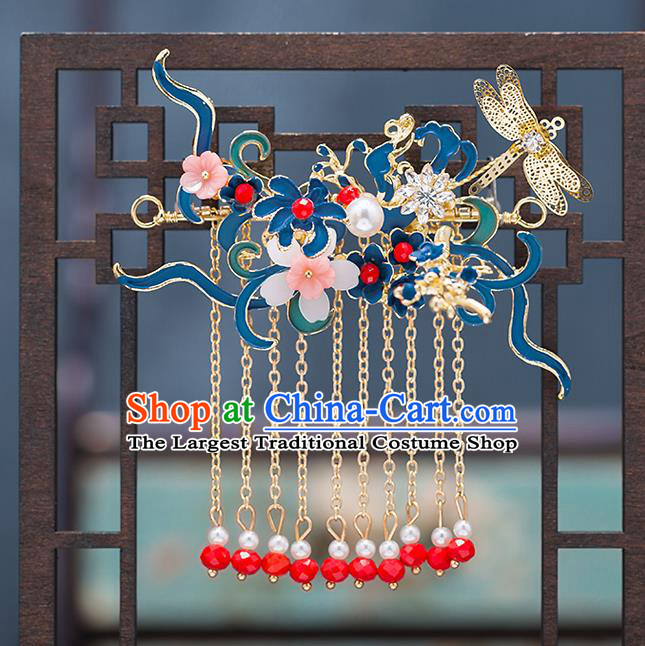 Chinese Handmade Blueing Dragonfly Hair Comb Classical Wedding Hair Accessories Ancient Bride Hairpins Tassel Hair Sticks Complete Set