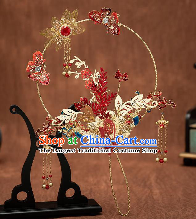 Chinese Handmade Golden Lotus Palace Fans Classical Fans Ancient Bride Props Red Butterfly Fans