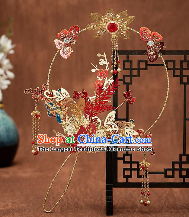 Chinese Handmade Golden Lotus Palace Fans Classical Fans Ancient Bride Props Red Butterfly Fans