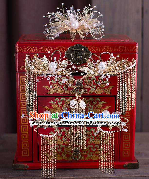 Chinese Handmade Golden Leaf Hair Comb Classical Wedding Hair Accessories Ancient Bride Hairpins Hair Crown Complete Set