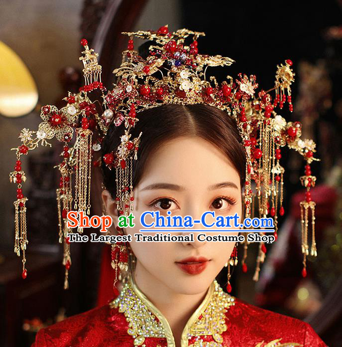 Chinese Handmade Red Beads Hair Crown Classical Wedding Hair Accessories Ancient Bride Phoenix Coronet Hairpins Complete Set
