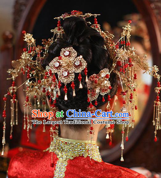 Chinese Handmade Red Beads Hair Crown Classical Wedding Hair Accessories Ancient Bride Phoenix Coronet Hairpins Complete Set