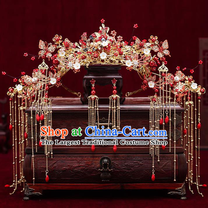 Chinese Handmade Red Beads Hair Crown Classical Wedding Hair Accessories Ancient Bride Phoenix Coronet Hairpins Complete Set