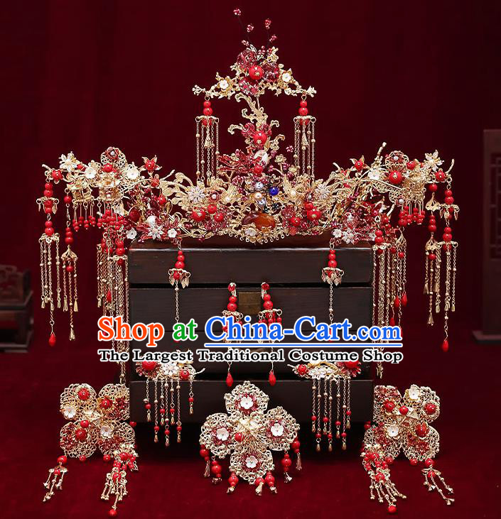 Chinese Handmade Red Beads Hair Crown Classical Wedding Hair Accessories Ancient Bride Phoenix Coronet Hairpins Complete Set