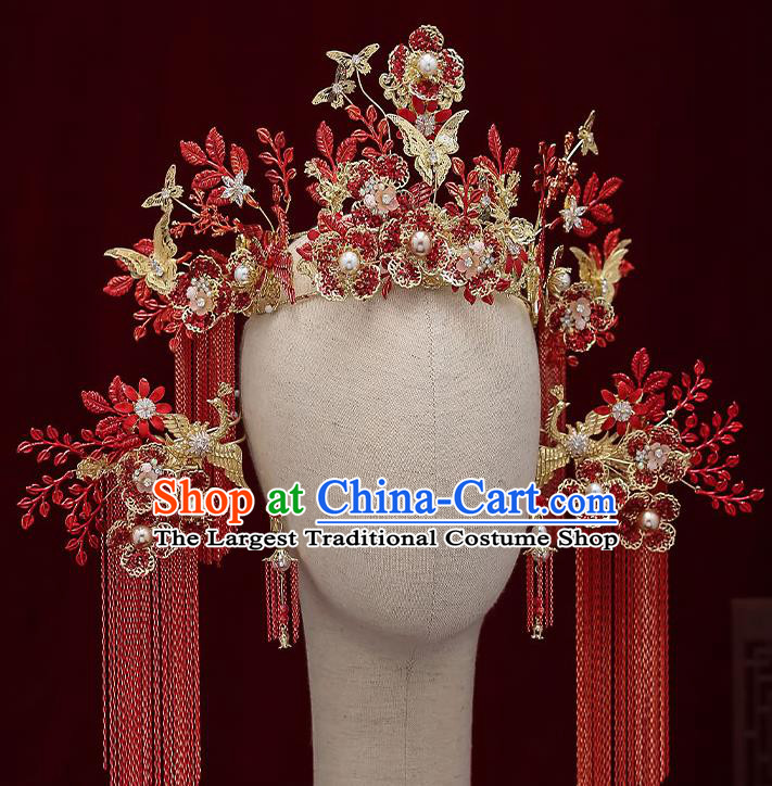 Chinese Handmade Hair Crown Classical Wedding Hair Accessories Ancient Bride Red Tassel Phoenix Coronet Hairpins Complete Set