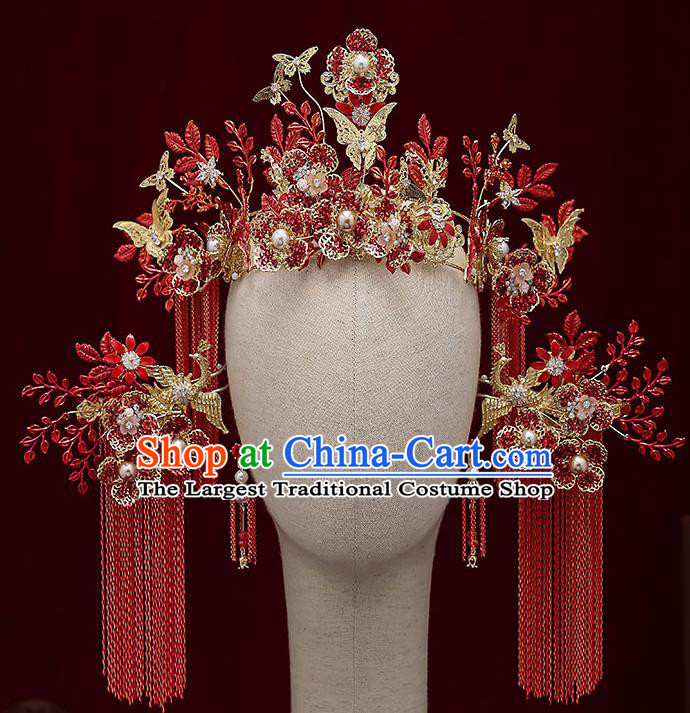 Chinese Handmade Hair Crown Classical Wedding Hair Accessories Ancient Bride Red Tassel Phoenix Coronet Hairpins Complete Set
