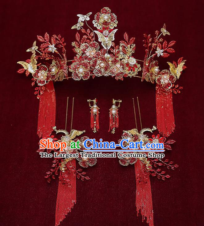 Chinese Handmade Hair Crown Classical Wedding Hair Accessories Ancient Bride Red Tassel Phoenix Coronet Hairpins Complete Set