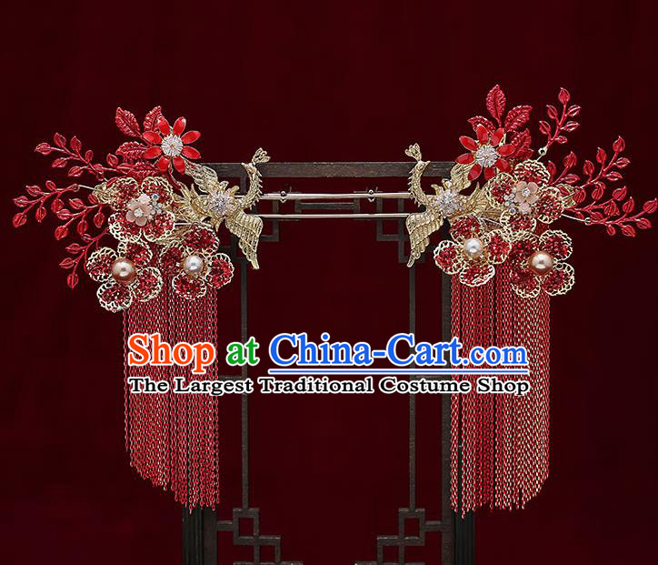 Chinese Handmade Hair Crown Classical Wedding Hair Accessories Ancient Bride Red Tassel Phoenix Coronet Hairpins Complete Set