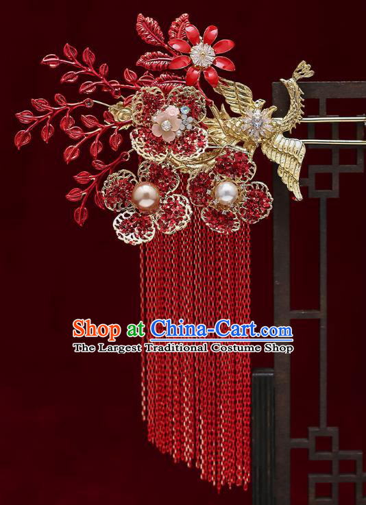 Chinese Handmade Hair Crown Classical Wedding Hair Accessories Ancient Bride Red Tassel Phoenix Coronet Hairpins Complete Set
