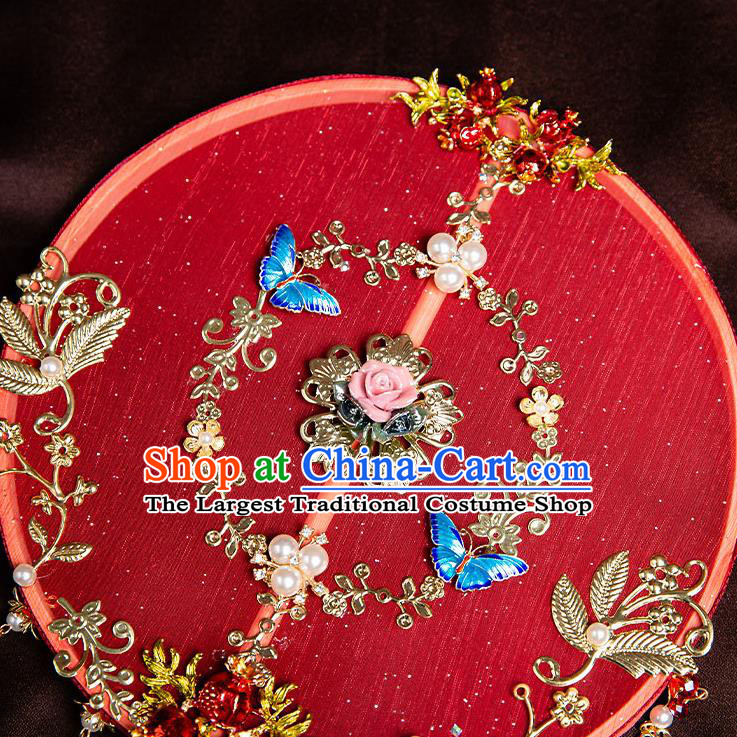 Chinese Handmade Tassel Palace Fans Classical Fans Ancient Bride Props Red Silk Round Fans