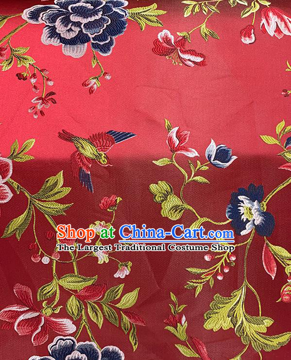 Chinese Traditional Peony Birds Pattern Red Silk Fabric Brocade Drapery Hanfu Dress Damask Material