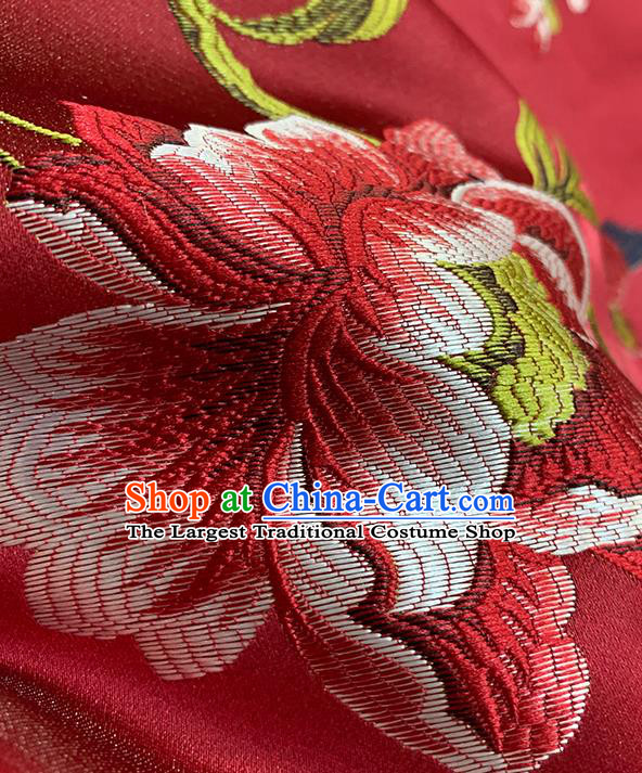 Chinese Traditional Peony Birds Pattern Red Silk Fabric Brocade Drapery Hanfu Dress Damask Material