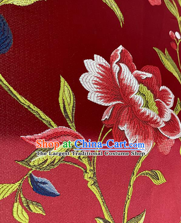Chinese Traditional Peony Birds Pattern Red Silk Fabric Brocade Drapery Hanfu Dress Damask Material