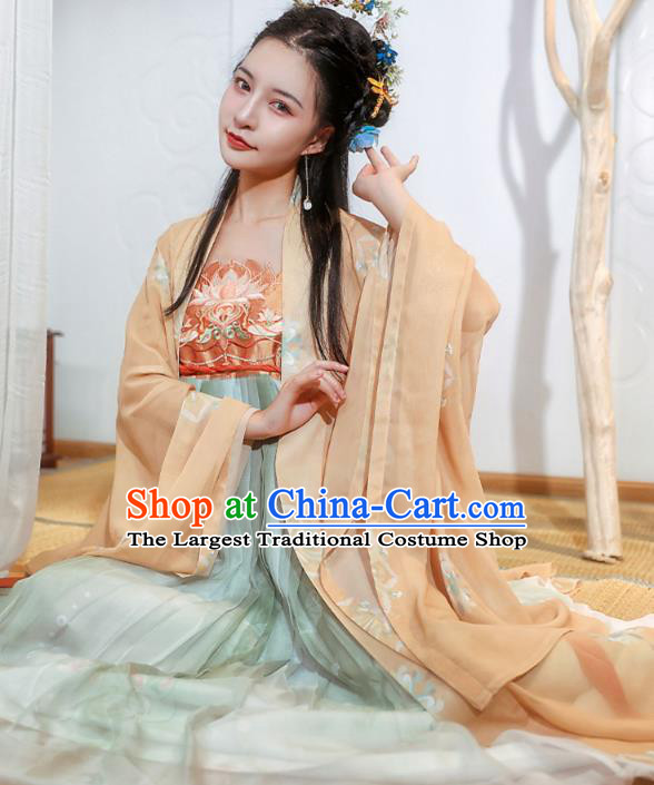 Chinese Tang Dynasty Princess Historical Costumes Traditional Ancient Hanfu Apparels Embroidered Cape and Dress Full Set