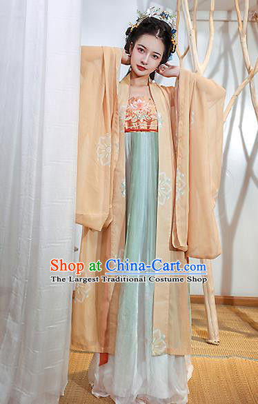 Chinese Tang Dynasty Princess Historical Costumes Traditional Ancient Hanfu Apparels Embroidered Cape and Dress Full Set