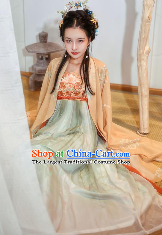 Chinese Tang Dynasty Princess Historical Costumes Traditional Ancient Hanfu Apparels Embroidered Cape and Dress Full Set