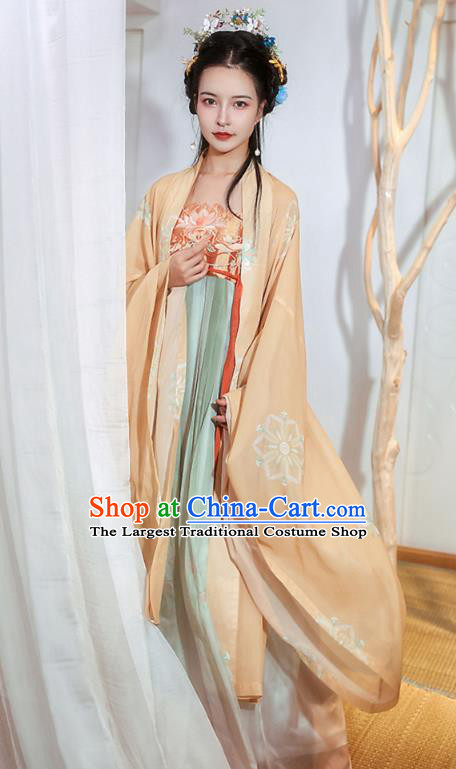 Chinese Tang Dynasty Princess Historical Costumes Traditional Ancient Hanfu Apparels Embroidered Cape and Dress Full Set