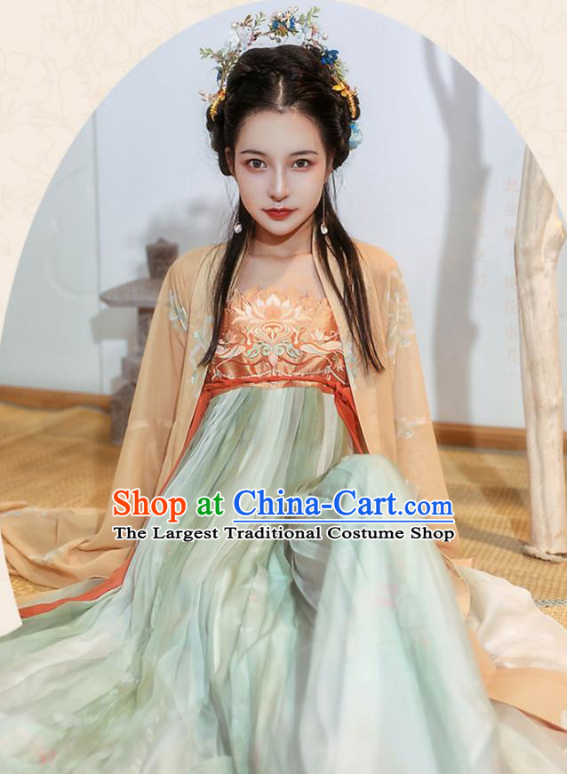 Chinese Tang Dynasty Princess Historical Costumes Traditional Ancient Hanfu Apparels Embroidered Cape and Dress Full Set