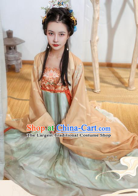 Chinese Tang Dynasty Princess Historical Costumes Traditional Ancient Hanfu Apparels Embroidered Cape and Dress Full Set