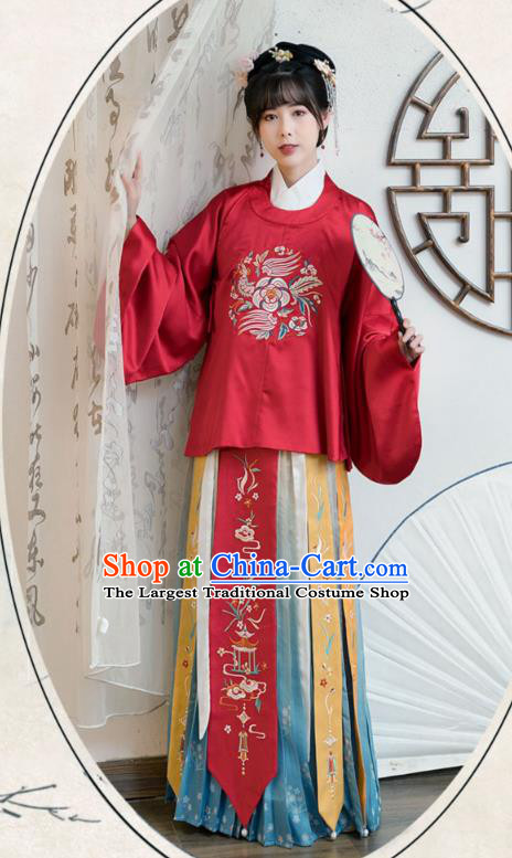 Chinese Traditional Ancient Ming Dynasty Court Female Hanfu Apparels Embroidered Red Blouse and Skirt Historical Costumes