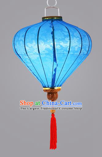 Chinese Traditional Blue Silk Palace Lanterns Handmade Hanging Lantern Classical Festive New Year Diamond Lamp