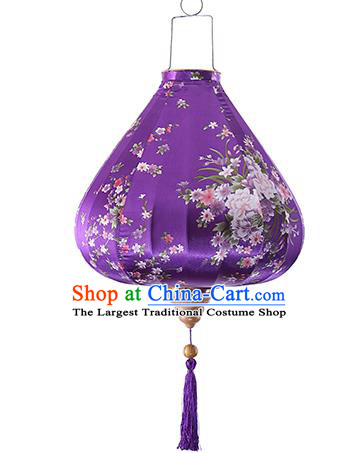 Chinese Traditional Printing Daffodil Purple Palace Lanterns Handmade Hanging Lantern Classical Festive New Year Satin Lamp