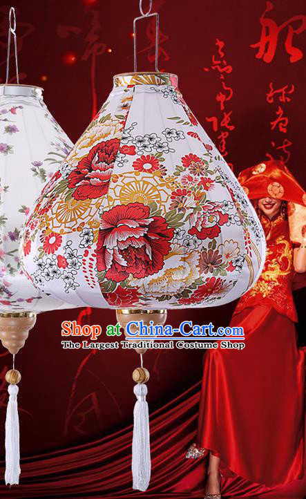 Chinese Traditional Printing Flowers White Palace Lanterns Handmade Hanging Lantern Classical Festive New Year Satin Lamp