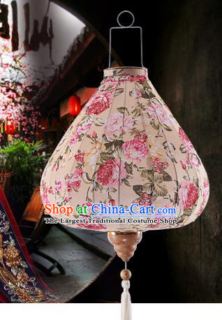 Chinese Traditional Printing Roses Beige Palace Lanterns Handmade Hanging Lantern Classical Festive New Year Satin Lamp