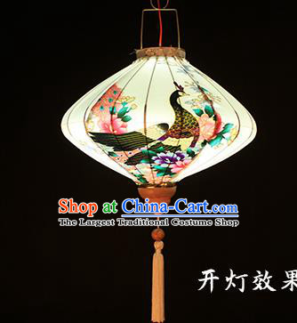 Handmade Chinese Printing Peacock White Palace Lanterns Traditional New Year Lantern Classical Festival Satin Lamp