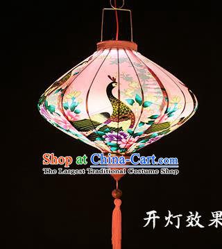 Handmade Chinese Printing Peacock Pink Satin Palace Lanterns Traditional New Year Lantern Classical Festival Silk Lamp