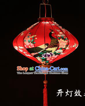 Handmade Chinese Printing Peacock Maroon Satin Palace Lanterns Traditional New Year Lantern Classical Festival Silk Lamp