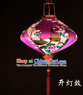 Handmade Chinese Printing Peacock Purple Satin Palace Lanterns Traditional New Year Lantern Classical Festival Silk Lamp